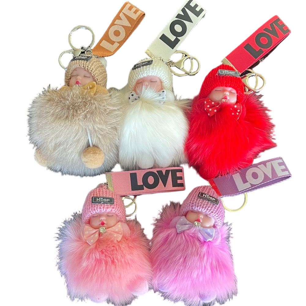 Pom-Pom Sleeping Baby Keychain/Bag Charm - Choose your color